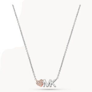 MICHAEL KORS MK Logo & Crystal Pave Heart Silver & Gold Necklace